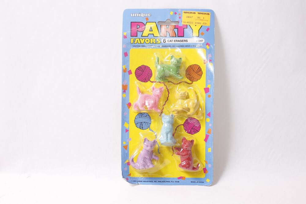 1989 Unique Party Favors 6 Cat Erasers Colorful Kittens PVC Figures ~
